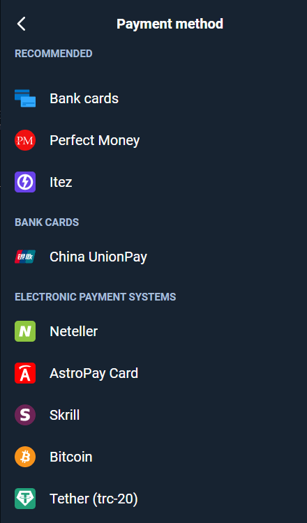 Depozyt Olymptrade za pomocą kart bankowych: Visa, Mastercard, JCB, Discover