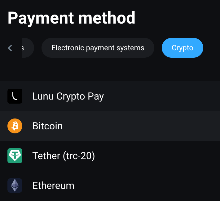 Kripto arkaly “Olymptrade” goýumy: Bitcoin, ETH, USDT, Lunu